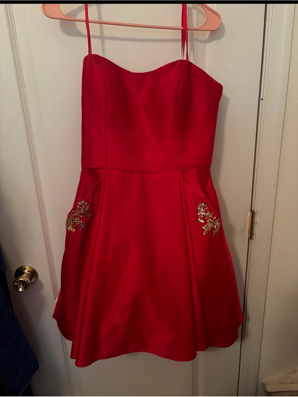 Blondie Nites Red Strapless Satin Party Dress with Gold Embellishments
